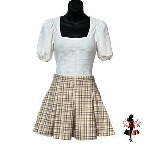 SO Juniors XS 1 Yellow Brown Plaid High Rise Pleated Flare Mini Skirt Boho Twee